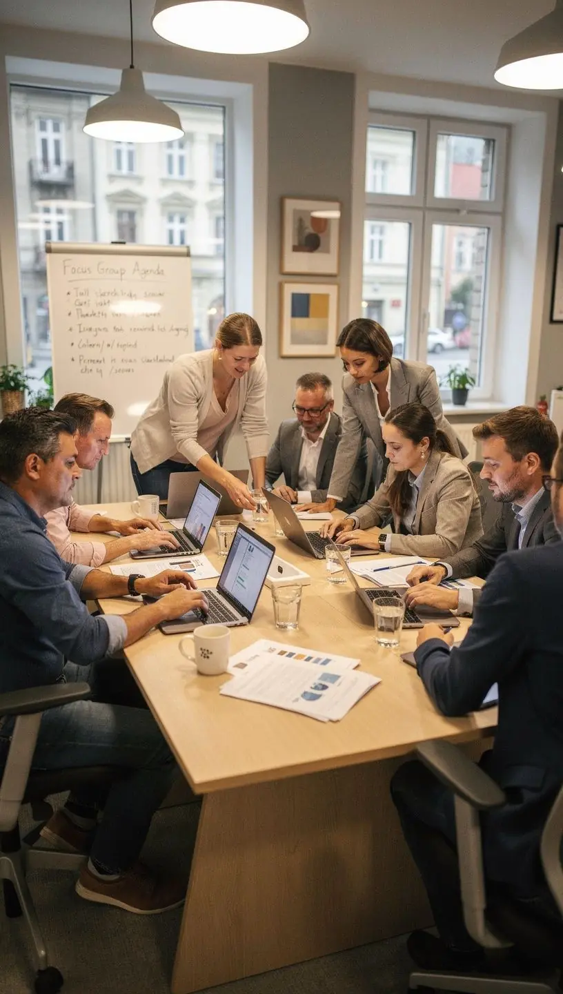 Prezentace výsledků průzkumu trhu na konferenčním stolku.