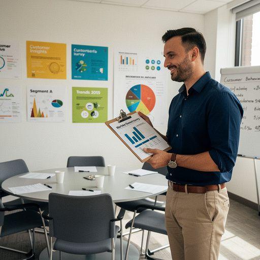 Poradce zkoumá výsledky výzkumu trhu a prezentuje je klientovi.